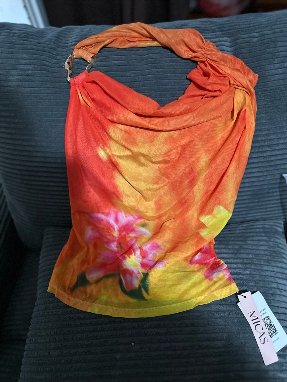 MICAS Orange Floral Halter Tank Top